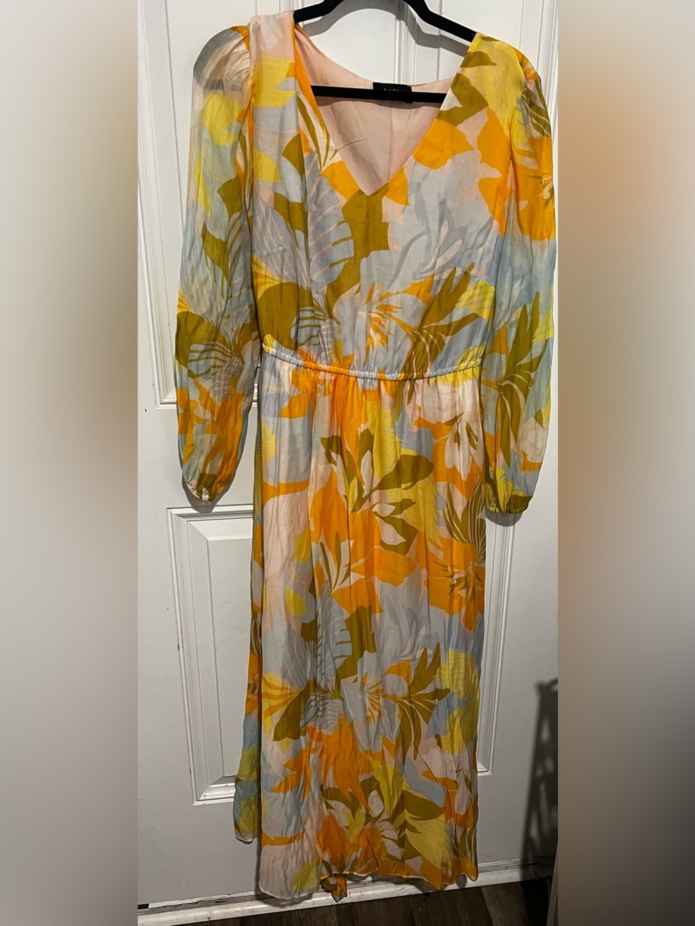 MSK Maxi Dress Women's Tropical Floral Yellow Green Long Sleeve Sz Med / Large